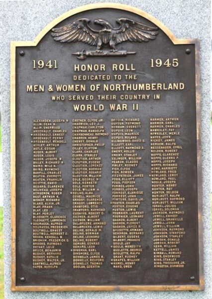 NORTHUMBERLAND WORLD WAR II MEMORIAL FRONT PLAQUE