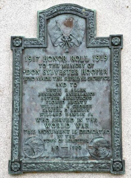 TOWN OF LEMPSTER WORLD WAR MEMORIAL PLAQUE