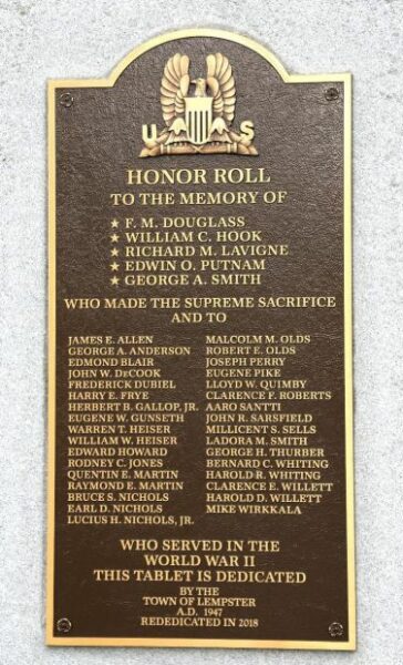 TOWN OF LEMPSTER WORLD WAR II MEMORIAL PLAQUE