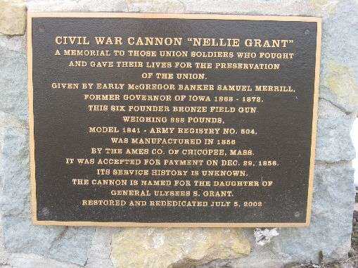 NELLIE GRANT CIVIL WAR MEMORIAL CANNON PLAQUE