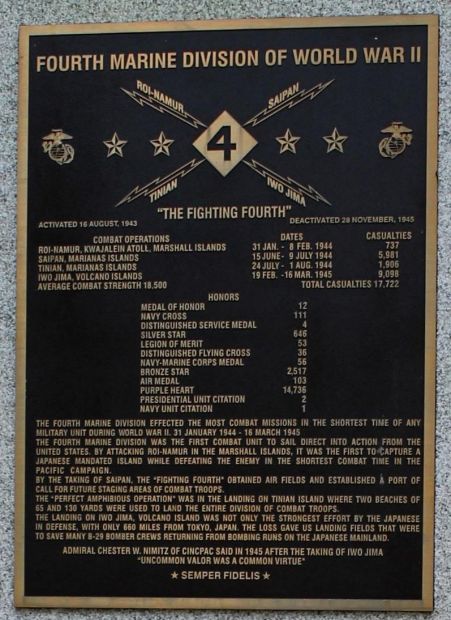 FOURTH MARINE DIVISION OF WORLD WAR II MEMORIAL HONORS PLAQUE