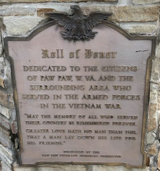 PAW PAW ROLL OF HONOR VIETNAM WAR MEMORIAL PLAQUE