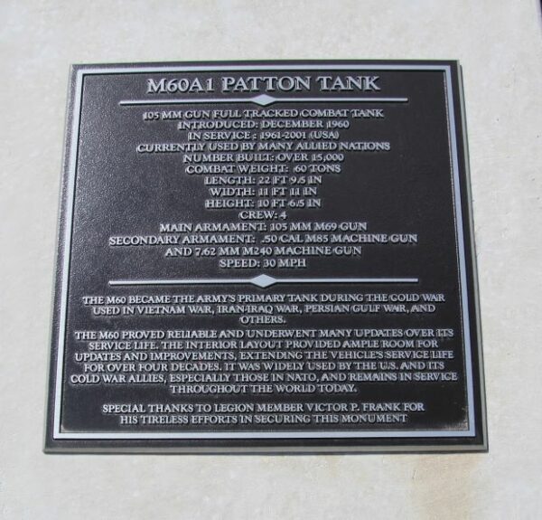 M60A1 PATTON TANK WAR MEMORIAL PLAQUE