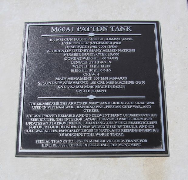M60A1 PATTON TANK WAR MEMORIAL PLAQUE