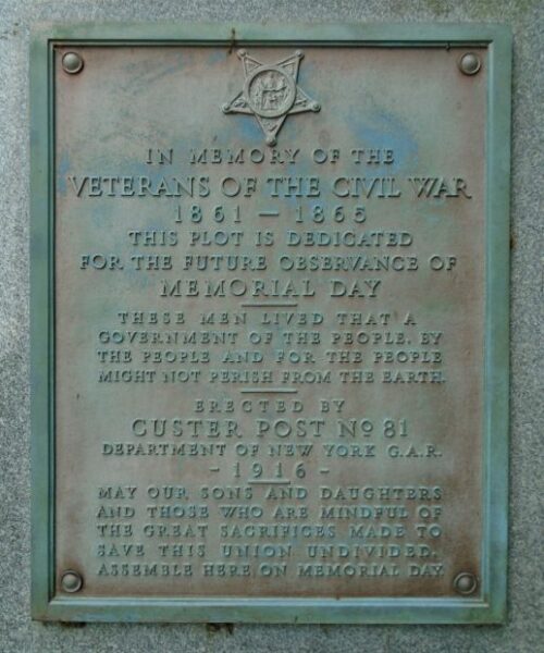 VETERANS OF THE CIVIL WAR CUSTER POST NO 81 MEMORIAL PLAQUE