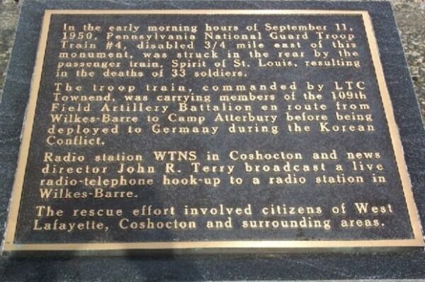 PENNSYLVANIA NATIONAL GUARD TROOP TRAIN ACCIDENT MEMORIAL PLAQUE