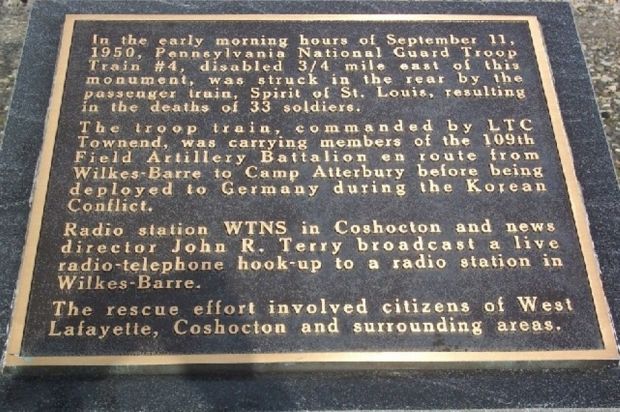 PENNSYLVANIA NATIONAL GUARD TROOP TRAIN ACCIDENT MEMORIAL PLAQUE