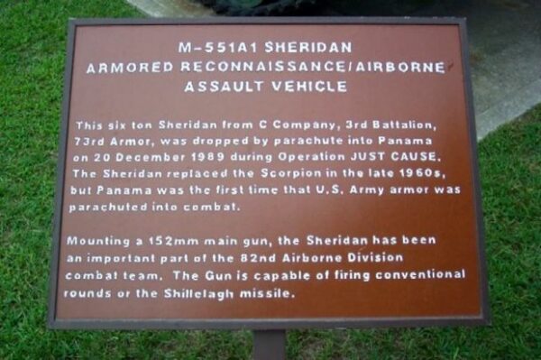 M-551A1 SHERIDAN ARMORED RECONNAISSANCE VEHICLE MEMORIAL PLAQUE