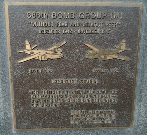 USAF ACADEMY 386TH BOMBARDMENT GROUP (M) WAR MEMORIAL PLAQUE