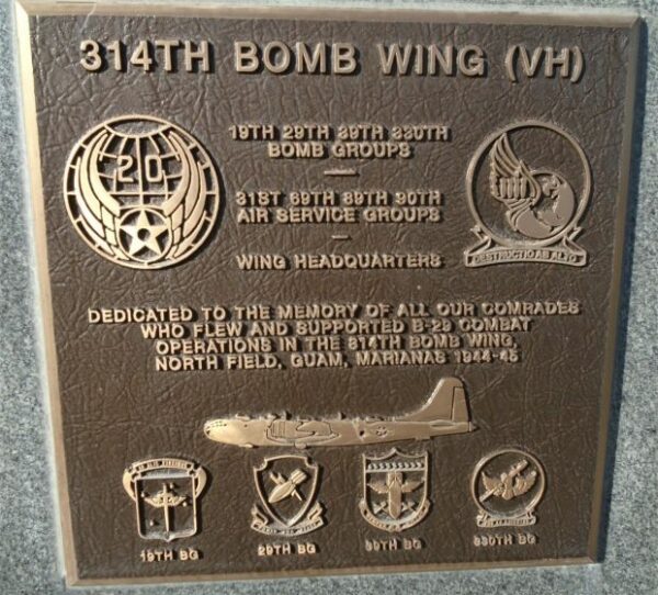 USAF ACADEMY 314TH BOMB WING (VH) WAR MEMORIAL PLAQUE