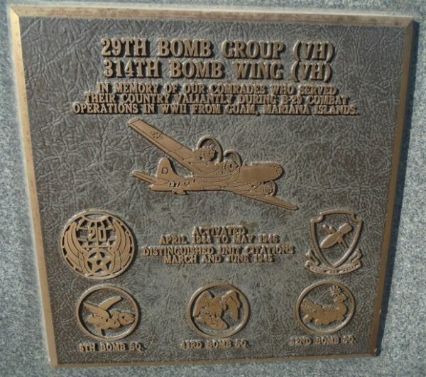 USAF ACADEMY 29TH BOMB GROUP (VH) 314TH BOMB WING (VH) WAR MEMORIAL PLAQUE