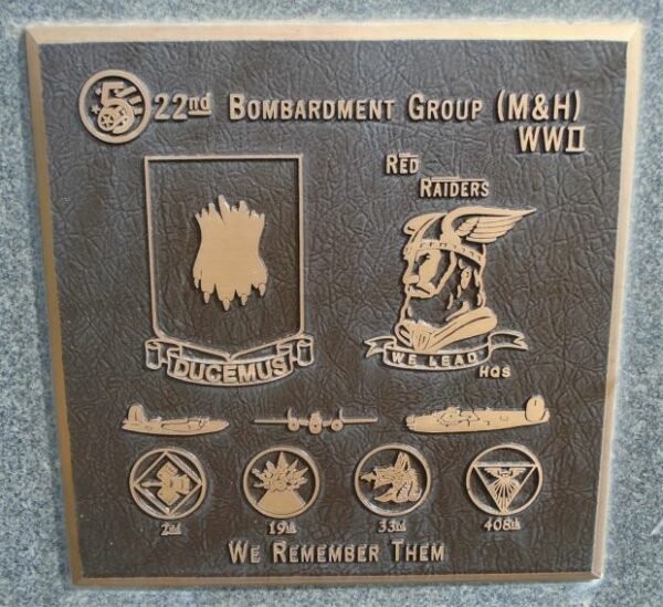 USAF ACADEMY 22ND BOMBARDMENT GROUP (M & H) WWII MEMORIAL PLAQUE