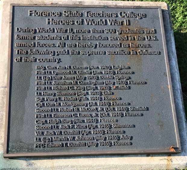FLORENCE STATE TEACHERS COLLEGE HEROES OF WORLD WAR II MEMORIAL PLAQUE