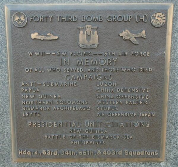 USAF ACADEMY FORTY THIRD BOMB GROUP (H) WAR MEMORIAL PLAQUE