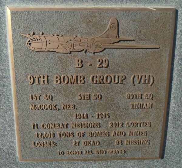 USAF ACADEMY 9TH BOMB GROUP (VH) WAR MEMORIAL PLAQUE