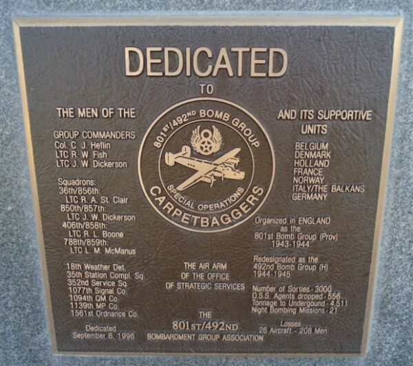 USAF ACADEMY 801ST/492ND BOMB GROUP WAR MEMORIAL PLAQUE