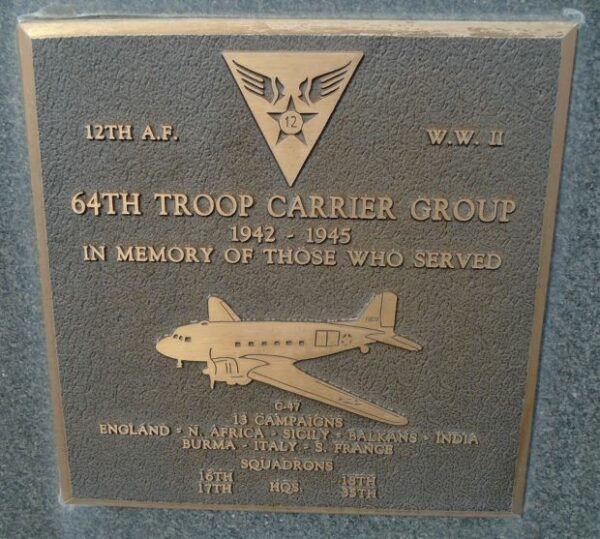 USAF ACADEMY 64TH TROOP CARRIER GROUP WAR MEMORIAL PLAQUE