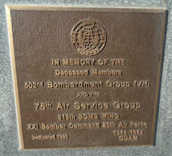 USAF ACADEMY 502ND BOMBARDMENT GROUP (VH) WAR MEMORIAL PLAQUE