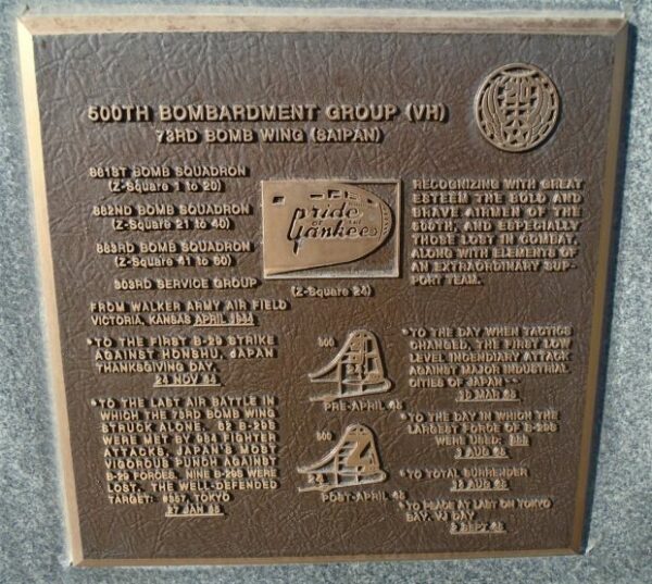 USAF ACADEMY 500TH BOMBARDMENT GROUP (VH) WAR MEMORIAL PLAQUE