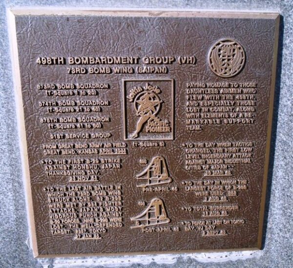 USAF ACADEMY 498TH BOMBARDMENT GROUP (VH) WAR MEMORIAL PLAQUE
