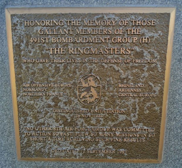 USAF ACADEMY 491ST BOMBARDMENT GROUP (H) WAR MEMORIAL PLAQUE