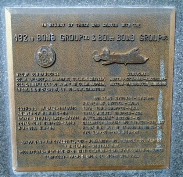 USAF ACADEMY 492ND BOMB GROUP (H) & 801ST BOMB GROUP WAR MEMORIAL PLAQUE