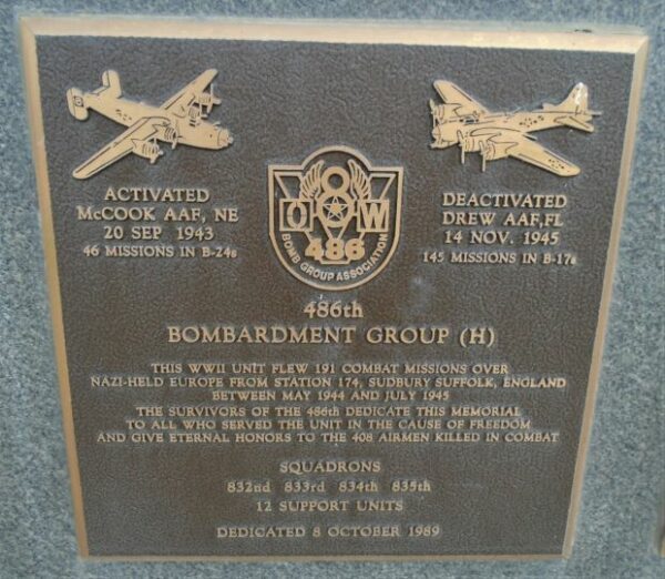 USAF ACADEMY 486TH BOMBARDMENT GROUP (H) WAR MEMORIAL PLAQUE