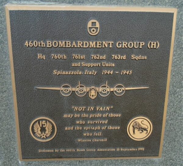 USAF ACADEMY 460TH BOMBARDMENT GROUP (H) WAR MEMORIAL PLAQUE