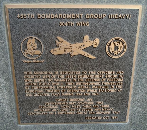 USAF ACADEMY 455TH BOMBARDMENT GROUP (HEAVY) WAR MEMORIAL PLAQUE