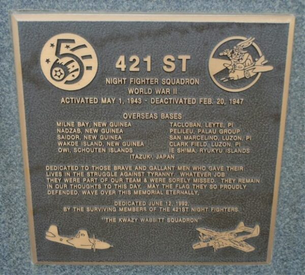 421ST NIGHT FIGHTER SQUADRON WAR MEMORIAL PLAQUE