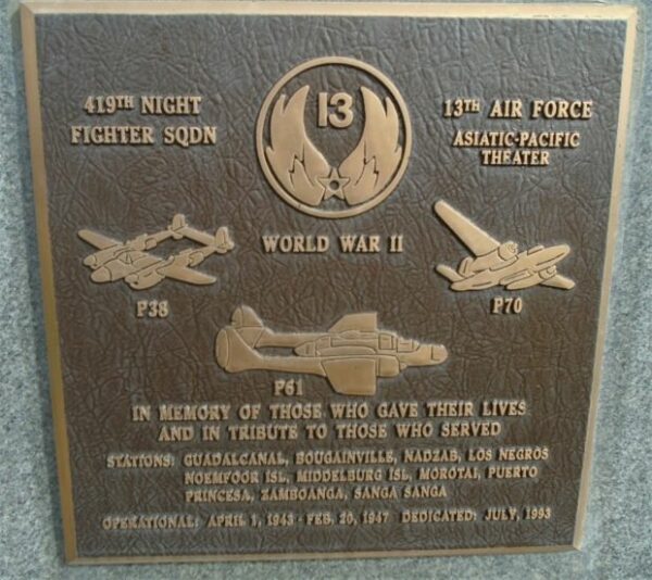 USAF ACADEMY 419TH NIGHT FIGHTER SQUADRON WAR MEMORIAL PLAQUE