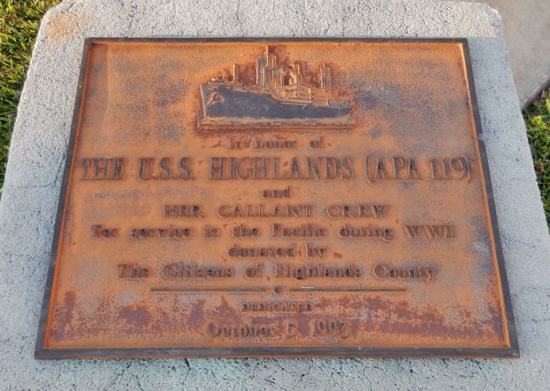 THE U.S.S. HIGHLANDS (APA119) WAR MEMORIAL PLAQUE