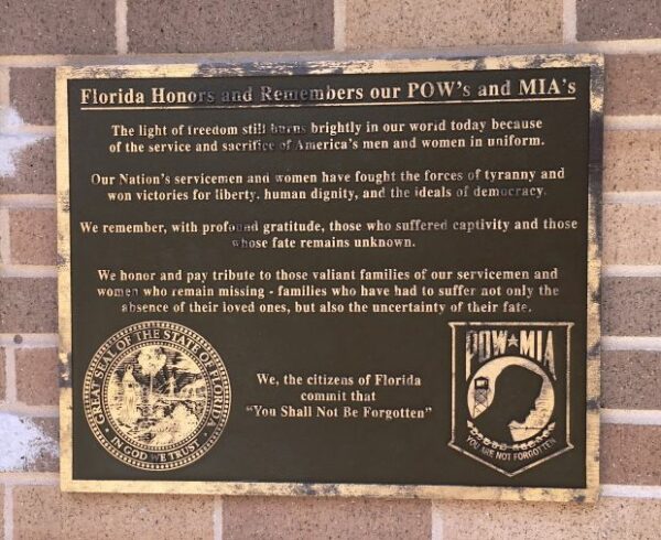 FLORIDA HONORS AND REMEMBERS OUR POW’S AND MIA’S MEMORIAL PLAQUE QUINCY