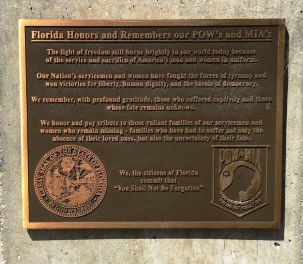 FLORIDA HONORS AND REMEMBERS OUR POW’S AND MIA’S MEMORIAL PLAQUE LAKE CITY