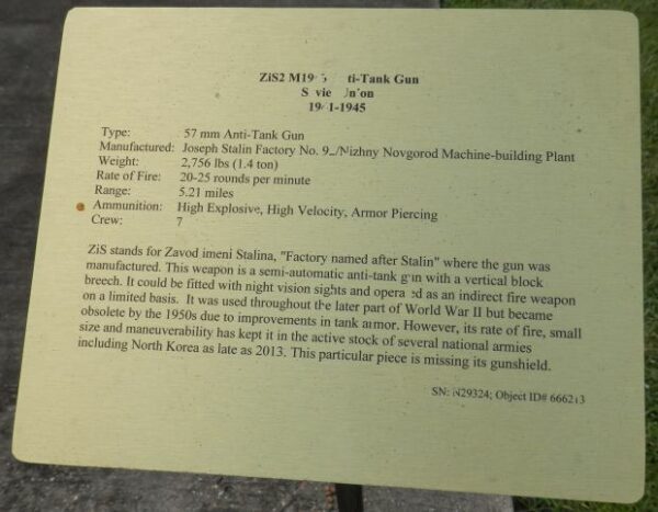 ZiS2 M1943 ANTI-TANK GUN SOVIET UNION WAR MEMORIAL PLAQUE