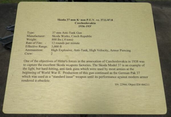 SKODA 37MM K’NON P.U.V. VZ. 37.L/47.8 MEMORIAL PLAQUE