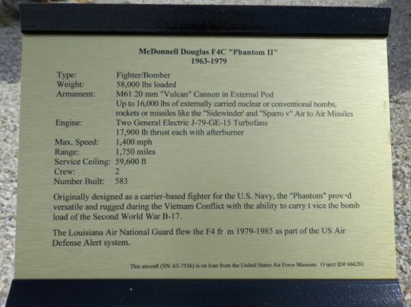 MCDONNELL DOUGLAS F4C “PHANTOM II” WAR MEMORIAL PLAQUE