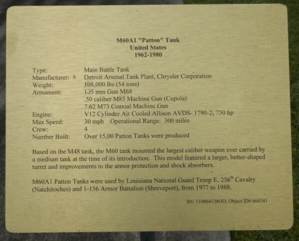 M60A1 “PATTON” TANK UNITED STATES MEMORIAL PLAQUE