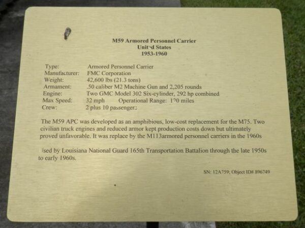 M59 ARMORED PERSONNEL CARRIER UNITED STATES MEMORIAL PLAQUE