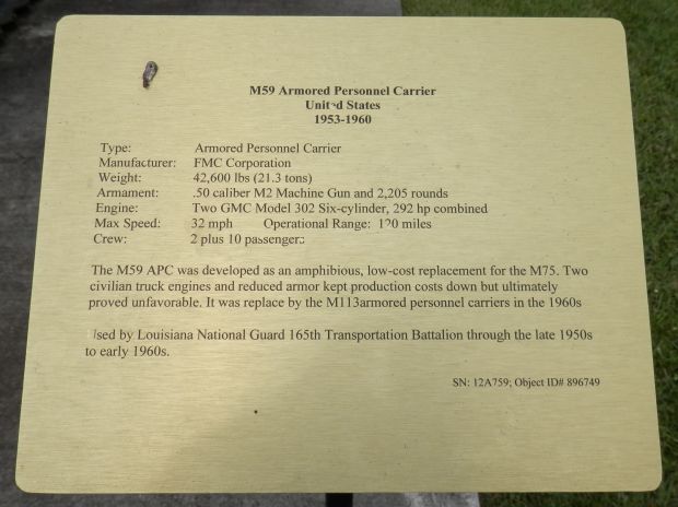 M59 ARMORED PERSONNEL CARRIER UNITED STATES MEMORIAL PLAQUE