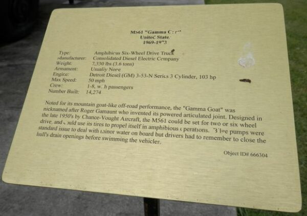 M561 “GAMMA GOAT” UNITED STATES MEMORIAL PLAQUE