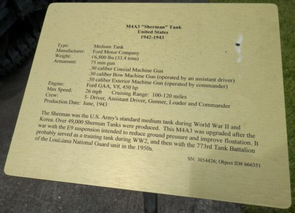 M4A3 “SHERMAN TANK” UNITED STATES WAR MEMORIAL PLAGUE