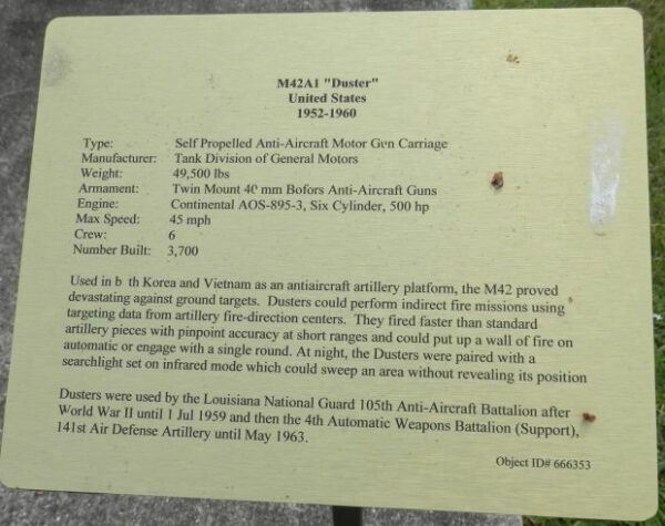 M42A1 “DUSTER” UNITED STATES WAR MEMORIAL PLAQUE