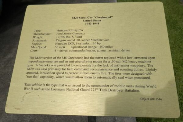 M20 SCOUT CAR “GREYHOUND” WAR MEMORIAL PLAQUE