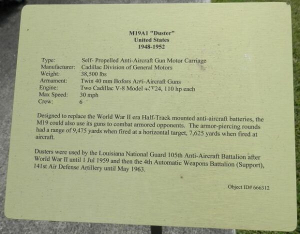 M19A1 “DUSTER” UNITED STATES WAR MEMORIAL PLAQUE