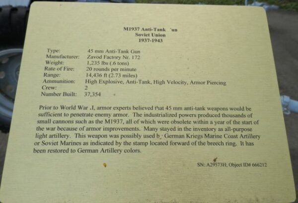 M1937 ANTI-TANK GUN SOVIET UNION WAR MEMORIAL PLAQUE