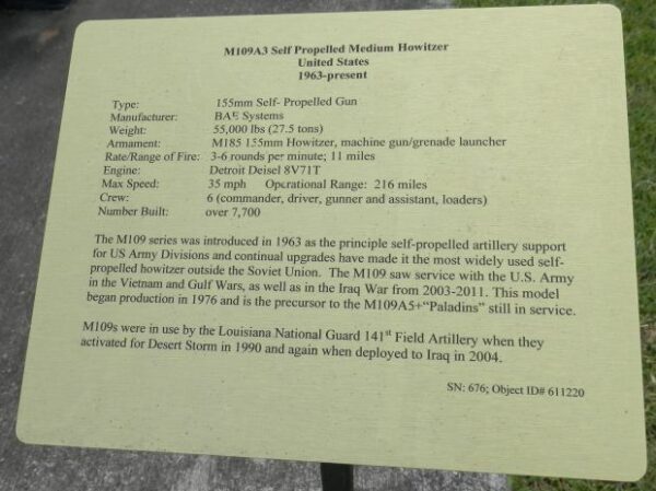 M109A3 SELF PROPELLED MEDIUM HOWITZER WAR MEMORIAL PLAQUE