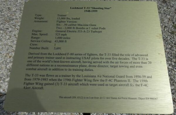 LOCKHEED T-33 “SHOOTING STAR” 1948-1959  WAR MEMORIAL PLAQUE