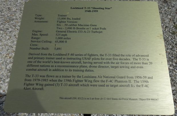 LOCKHEED T-33 “SHOOTING STAR” 1948-1959  WAR MEMORIAL PLAQUE