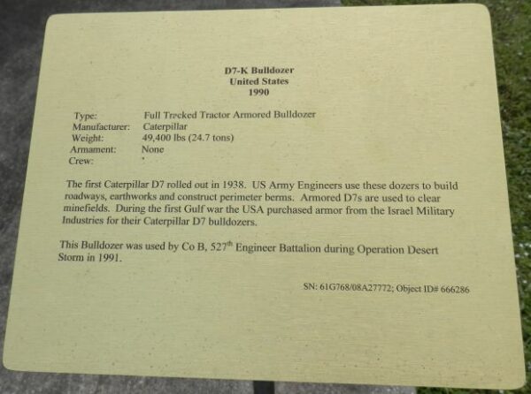 D7-K BULLDOZER UNITED STATES WAR MEMORIAL PLAQUE